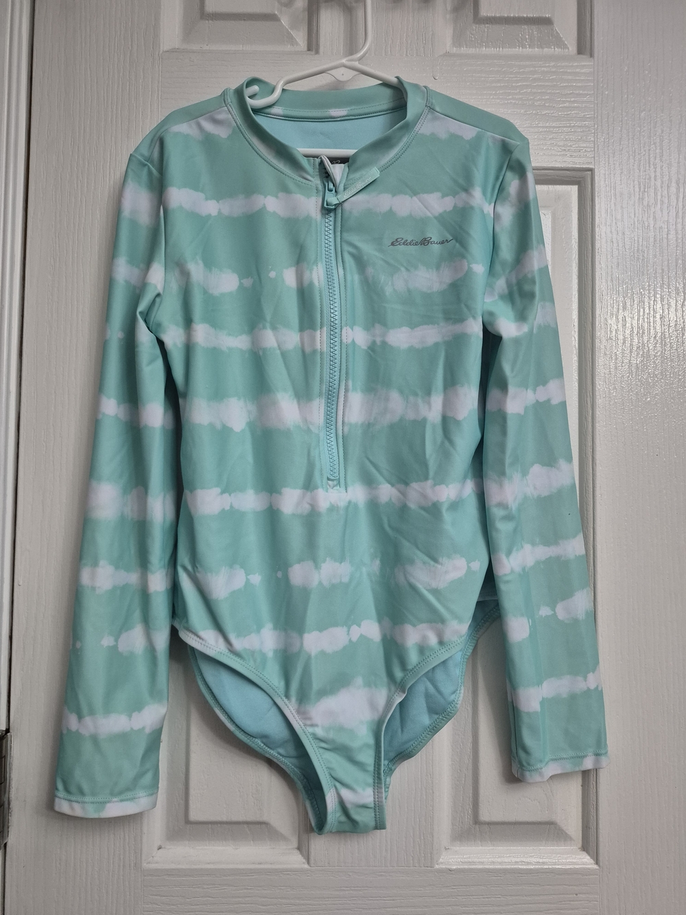 Eddie Bauer Aqua and White Striped Long-Sleeve Kids Rashguard